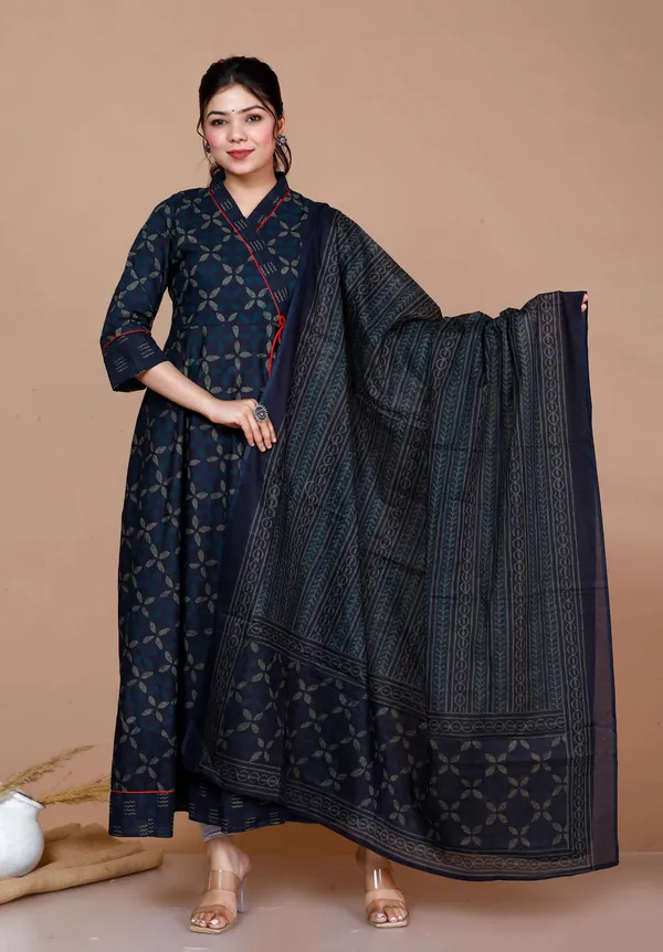 Women'S_Abstract_Printed_&_Tasseles_Angrakha_Kurta_With_Blue_Dupatta_Set_-_Doriyan