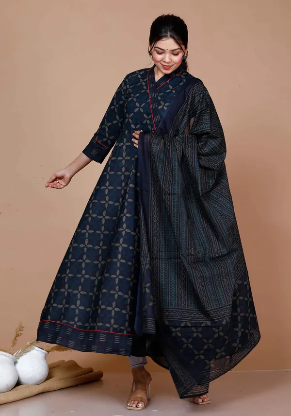 Women'S_Abstract_Printed_&_Tasseles_Angrakha_Kurta_With_Blue_Dupatta_Set_-_Doriyan