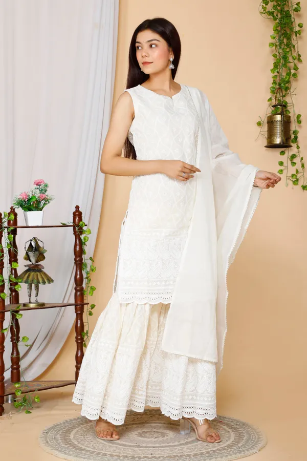 Women's_Beige_Embroidered_Chikankari_Cotton_Kurti_&_Sharara_With_Dupatta_-_Doriyan