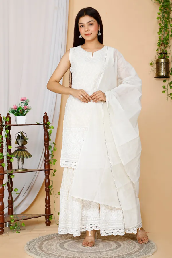 Women's_Beige_Embroidered_Chikankari_Cotton_Kurti_&_Sharara_With_Dupatta_-_Doriyan
