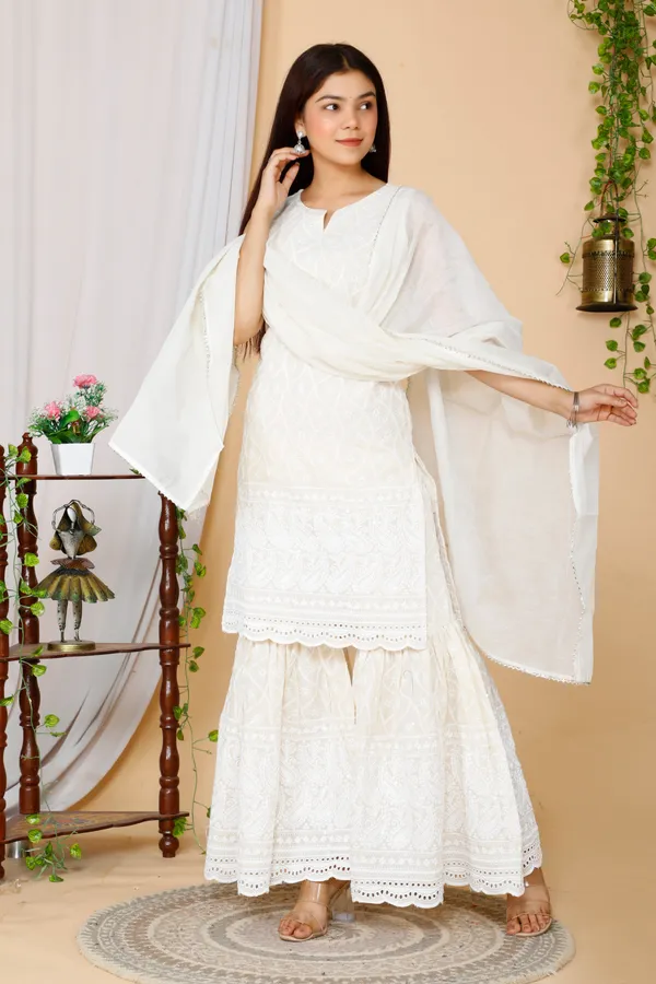 Women's_Beige_Embroidered_Chikankari_Cotton_Kurti_&_Sharara_With_Dupatta_-_Doriyan
