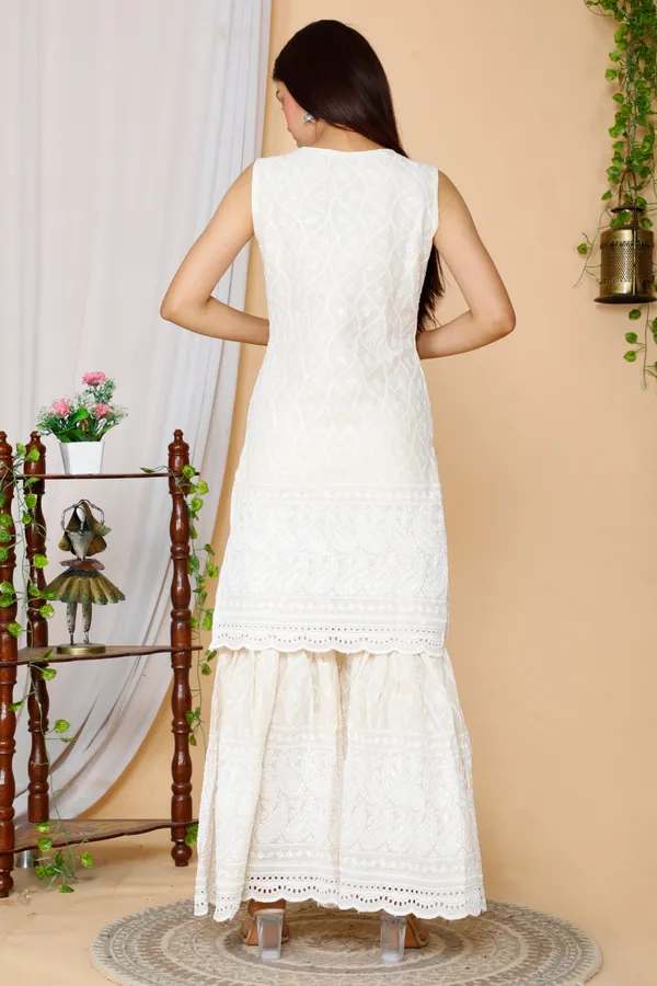 Women's_Beige_Embroidered_Chikankari_Cotton_Kurti_&_Sharara_With_Dupatta_-_Doriyan