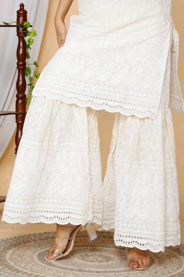 Women's_Beige_Embroidered_Chikankari_Cotton_Kurti_&_Sharara_With_Dupatta_-_Doriyan