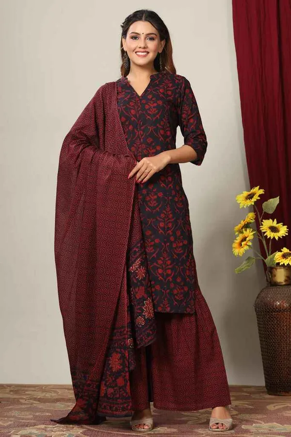 Women's_Pure_Cotton_Printed_Straight_Kurta_And_Sharara_With_Dupatta_Set_-_Doriyan