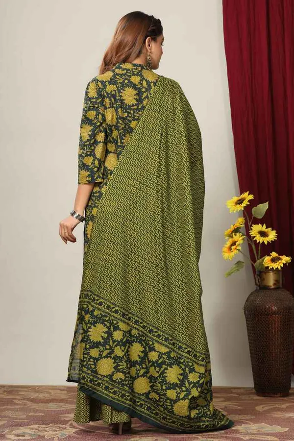 Women's_Green_Floral_Printed_Pure_Cotton_Kurta_With_Sharara_&_With_Dupatta_-_Doriyan