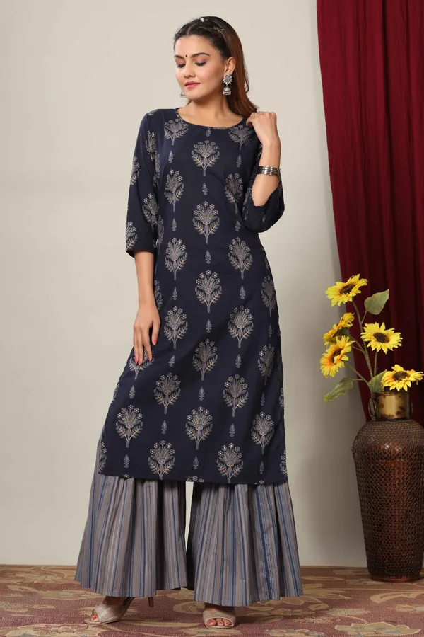 Women's_Blue_&_Grey_Printed_Pure_Cotton_Kurta_With_Sharara_-_Doriyan