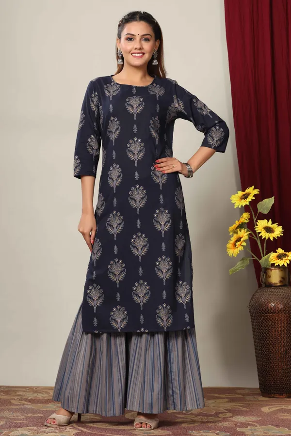 Women's_Blue_&_Grey_Printed_Pure_Cotton_Kurta_With_Sharara_-_Doriyan