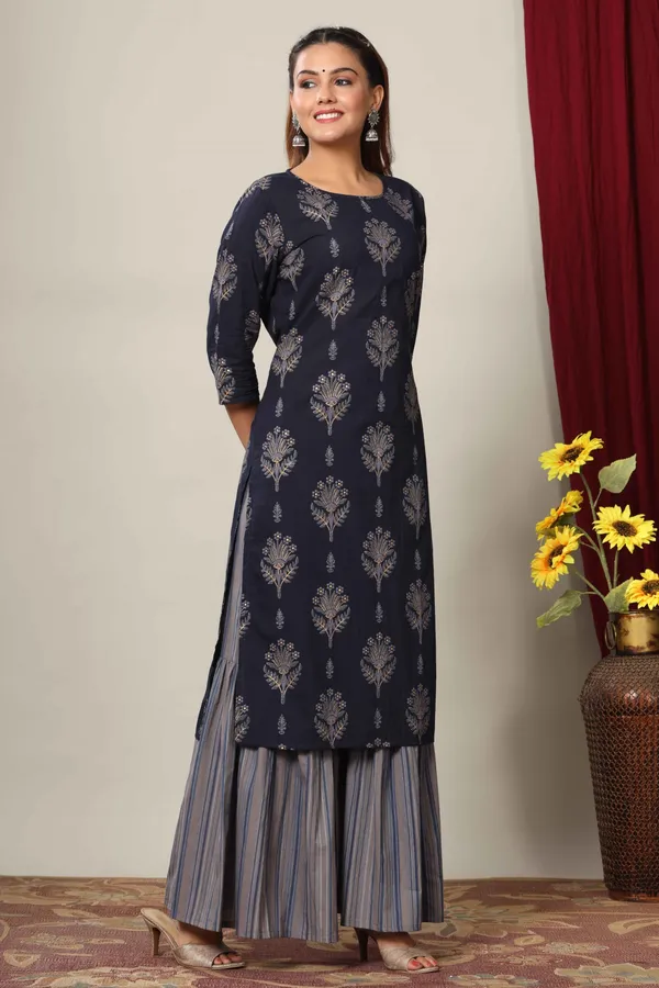 Women's_Blue_&_Grey_Printed_Pure_Cotton_Kurta_With_Sharara_-_Doriyan