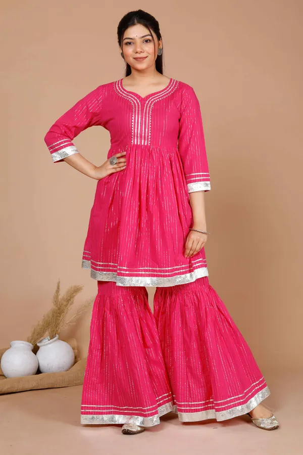 Women's_Pink_Printed_A-Line_Gotta_Patti_Lurex_Cotton_Kurti_With_Sharara_-_Doriyan