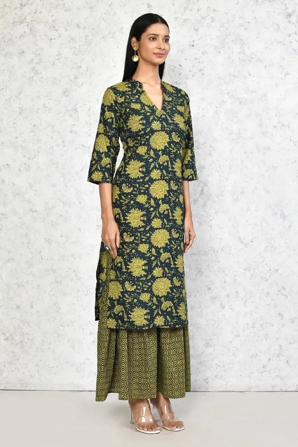 Women's_Green_&_Yellow_Floral_Printed_Pure_Cotton_Kurta_With_Sharara_-_Doriyan