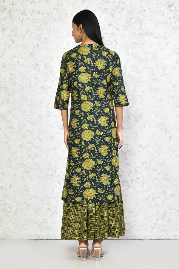 Women's_Green_&_Yellow_Floral_Printed_Pure_Cotton_Kurta_With_Sharara_-_Doriyan