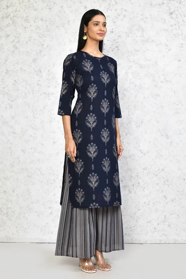 Women's_Blue_&_Grey_Printed_Pure_Cotton_Kurta_With_Sharara_-_Doriyan