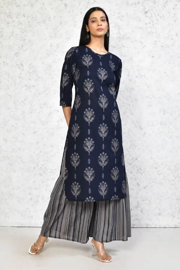 Women's_Blue_&_Grey_Printed_Pure_Cotton_Kurta_With_Sharara_-_Doriyan
