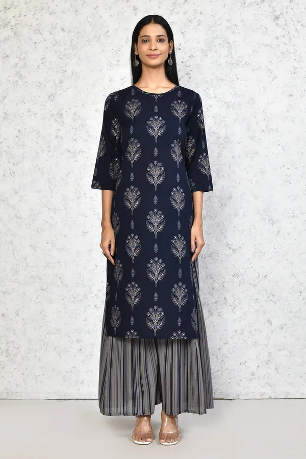 Women's_Blue_&_Grey_Printed_Pure_Cotton_Kurta_With_Sharara_-_Doriyan