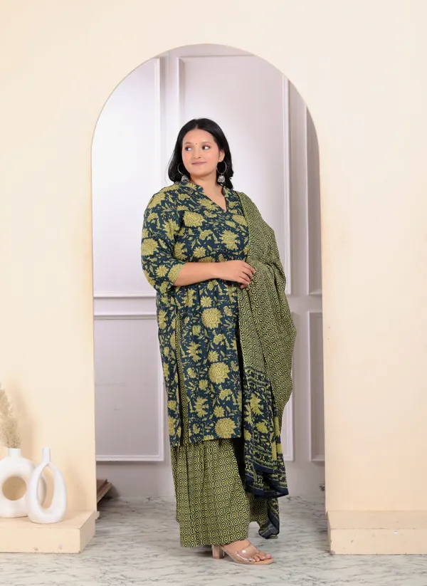 Women's_Plus_Size_Green_Cotton_Floral_Printed_Kurta_With_Sharara_And_Dupatta_-_Doriyan