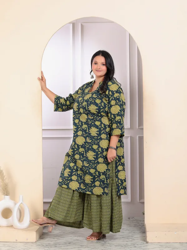 Women's_Plus_Size_Green_Cotton_Floral_Printed_Kurta_With_Sharara_-_Doriyan