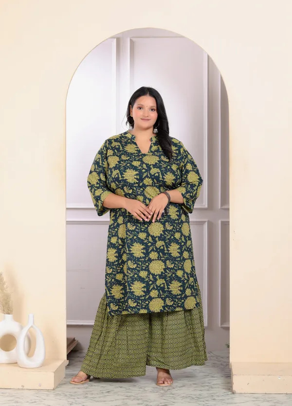 Women's_Plus_Size_Green_Cotton_Floral_Printed_Kurta_With_Sharara_-_Doriyan