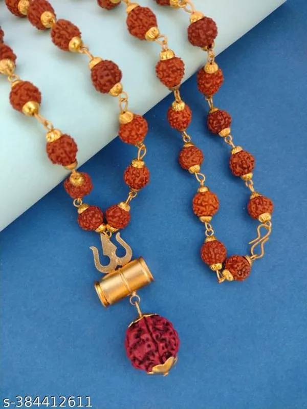 Gold_Plated_Shiva_Damroo_Trishool_Rudraksha_Necklace_|_Lab_Certified_|_Rudraksha_Spiritual_Jewelry_for_Men_|_Trishul_Damru_Pendant_|_15_Inches