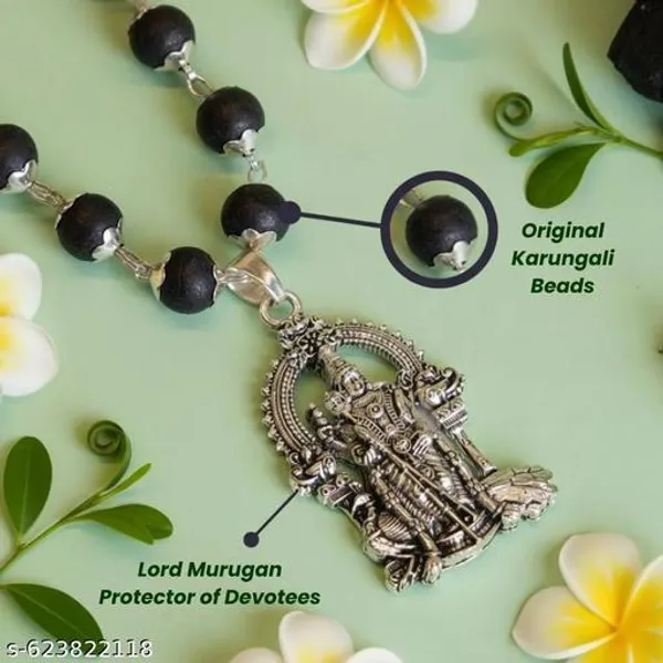 Karungali_Malai_Silver_Cap_Plated_Necklace_with_murugan_locket_Beads_size_8_mm_54_Beads_original_Authentic_karungali_Beads_Lab_certified_mala