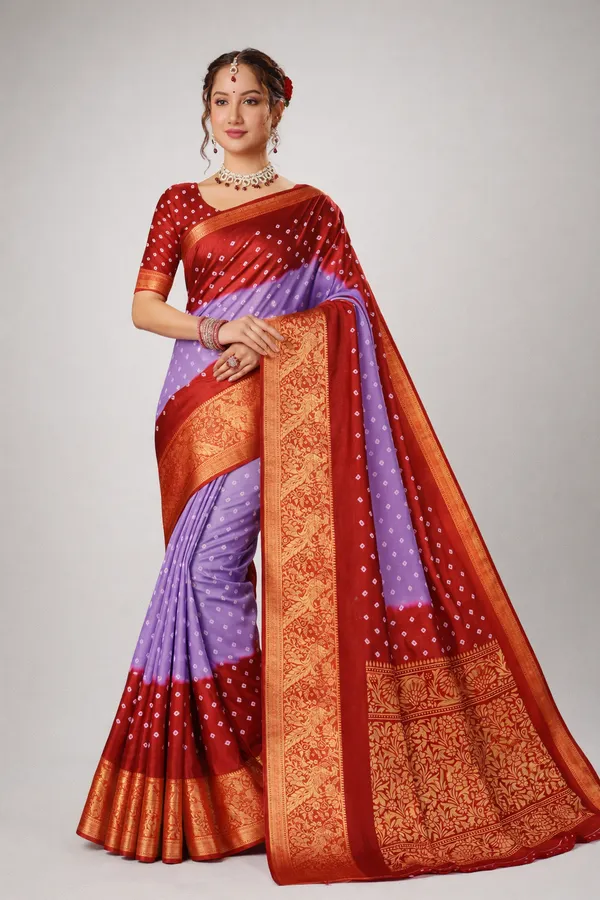 Banarasi_Bandhej_Silk_Saree_in_Lavender_to_Red_Dual_Tone_with_Rich_Zari_Border