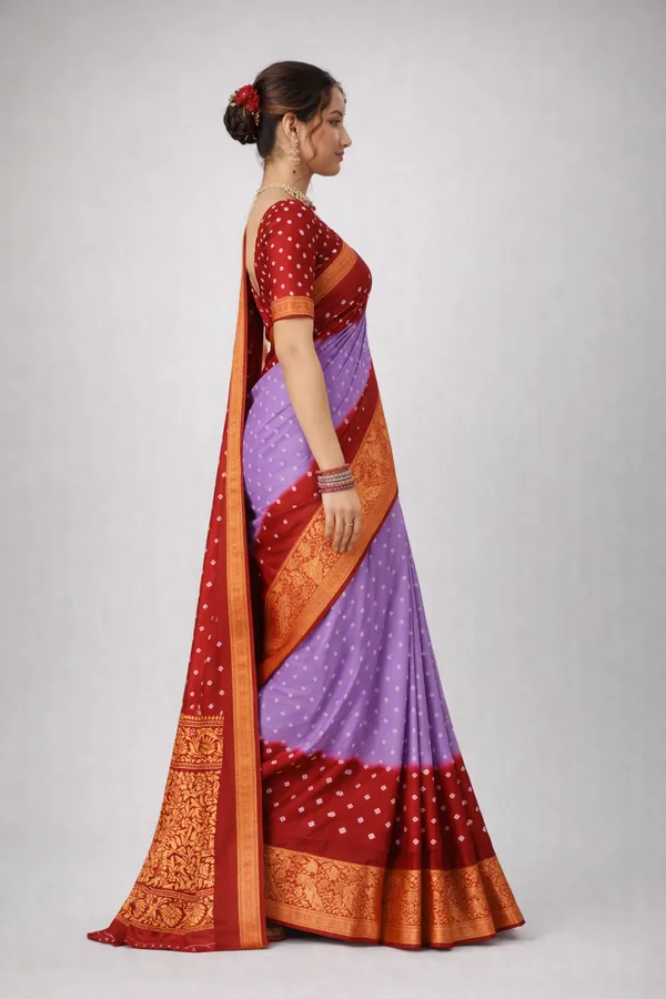 Banarasi_Bandhej_Silk_Saree_in_Lavender_to_Red_Dual_Tone_with_Rich_Zari_Border