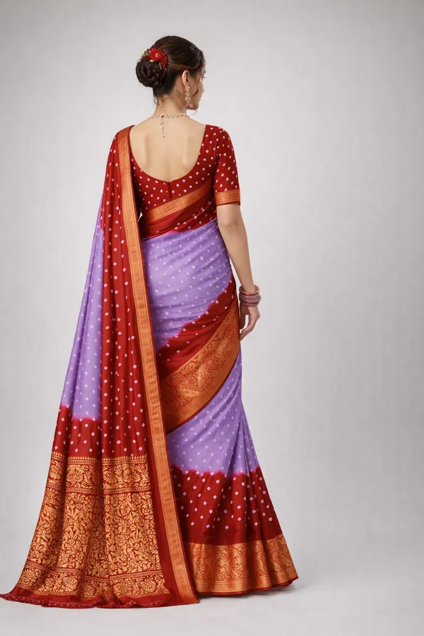 Banarasi_Bandhej_Silk_Saree_in_Lavender_to_Red_Dual_Tone_with_Rich_Zari_Border
