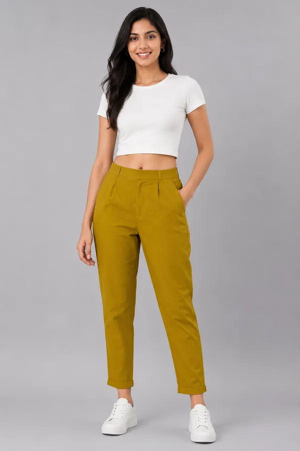 FOLLOWMI_Women's_Mustard_Yellow_Straight_Fit_Cotton_Pants_with_Elastic_Waist_&_Side_Pockets