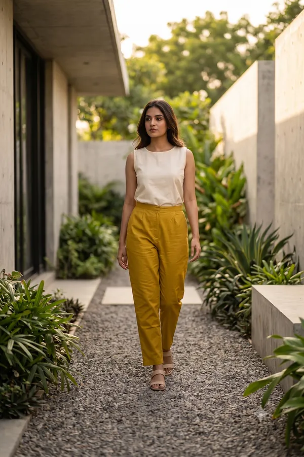 FOLLOWMI_Women's_Mustard_Yellow_Straight_Fit_Cotton_Pants_with_Elastic_Waist_&_Side_Pockets