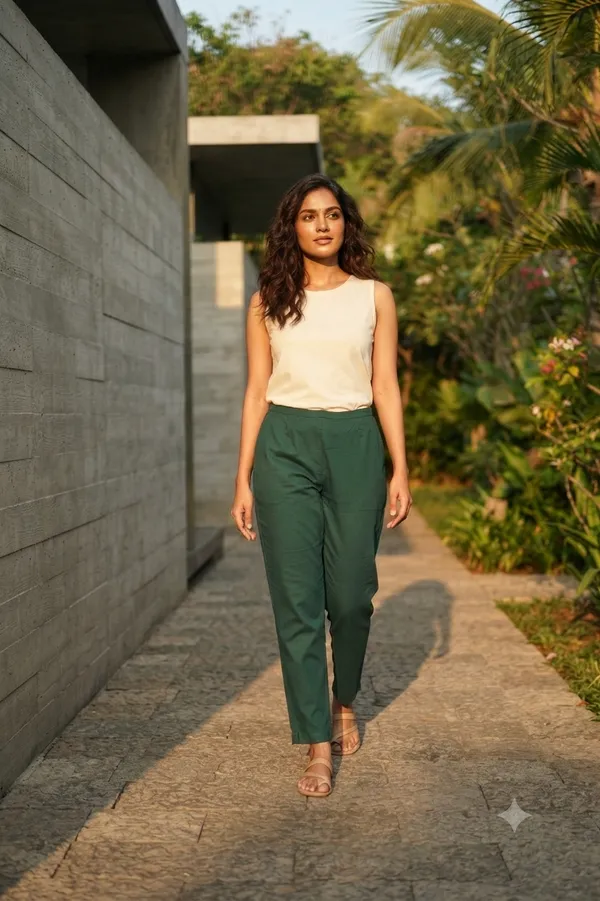 FOLLOWMI_Women's_Pine_Green_Straight_Fit_Cotton_Pants_with_Elastic_Waist_&_Side_Pockets