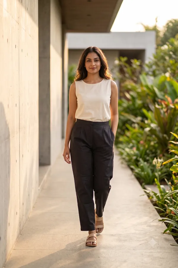 FOLLOWMI_Women's_Solid_Black_Straight_Fit_Cotton_Pants_with_Elastic_Waist_&_Side_Pockets