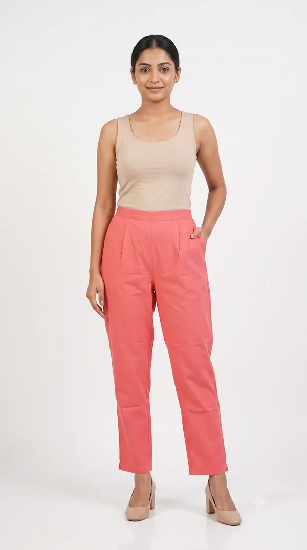 FOLLOWMI_Women's_Solid_Coral_Pink_Straight_Fit_Cotton_Pants_with_Elastic_Waist_&_Side_Pockets