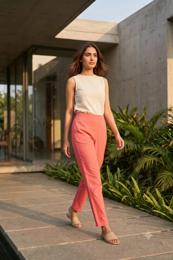 FOLLOWMI_Women's_Solid_Coral_Pink_Straight_Fit_Cotton_Pants_with_Elastic_Waist_&_Side_Pockets
