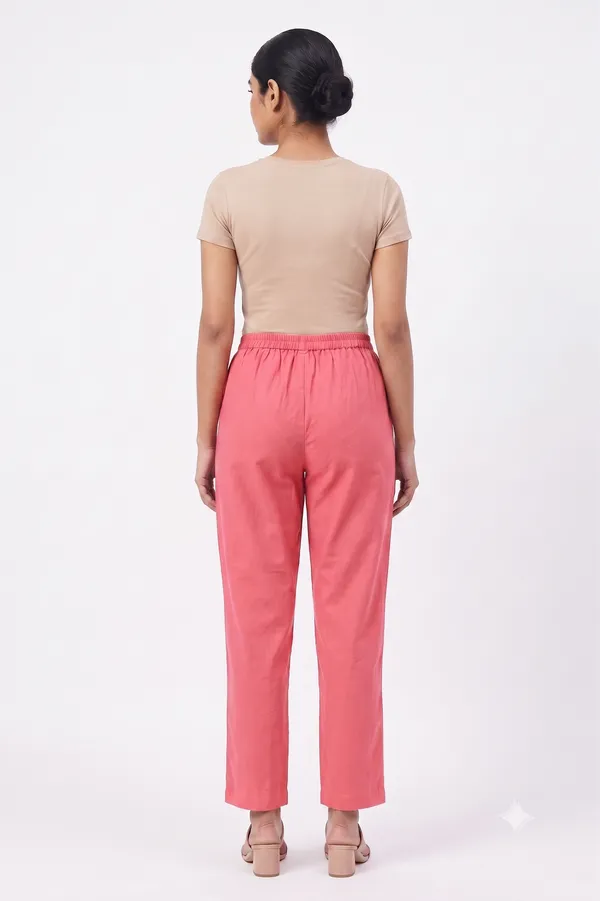 FOLLOWMI_Women's_Solid_Coral_Pink_Straight_Fit_Cotton_Pants_with_Elastic_Waist_&_Side_Pockets