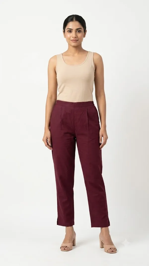 FOLLOWMI_Women's_Solid_Maroon_Straight_Fit_Cotton_Pants_with_Elastic_Waist_&_Side_Pockets