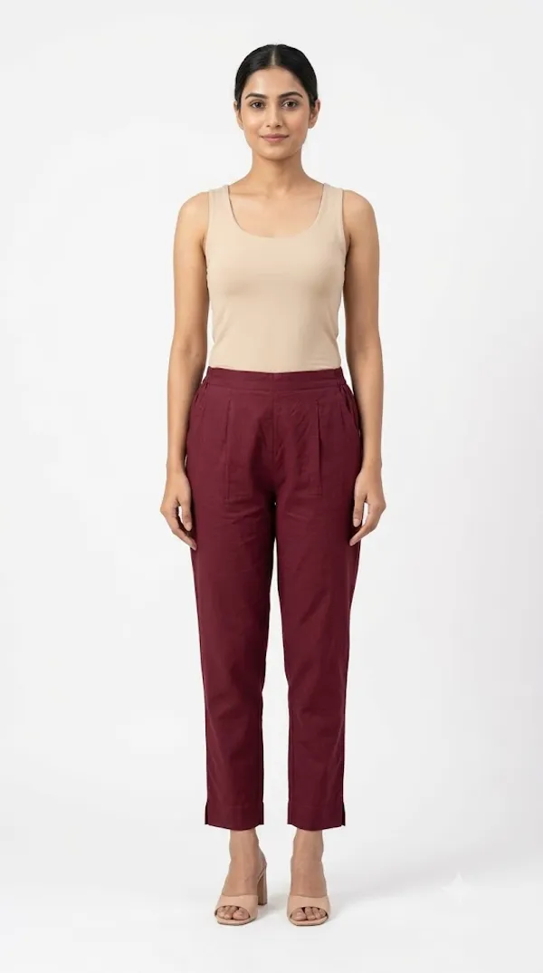FOLLOWMI_Women's_Solid_Maroon_Straight_Fit_Cotton_Pants_with_Elastic_Waist_&_Side_Pockets