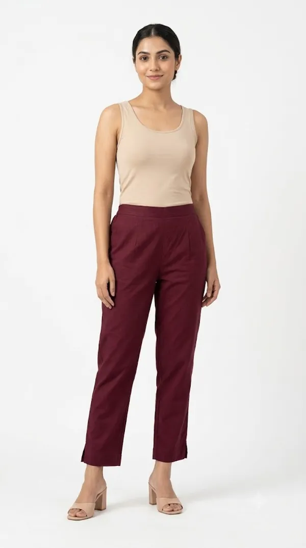 FOLLOWMI_Women's_Solid_Maroon_Straight_Fit_Cotton_Pants_with_Elastic_Waist_&_Side_Pockets