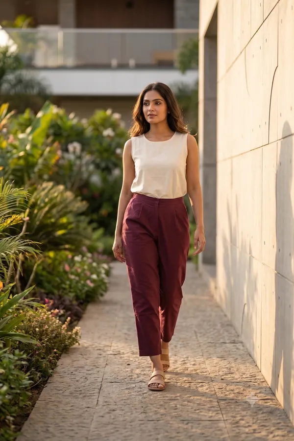 FOLLOWMI_Women's_Solid_Maroon_Straight_Fit_Cotton_Pants_with_Elastic_Waist_&_Side_Pockets