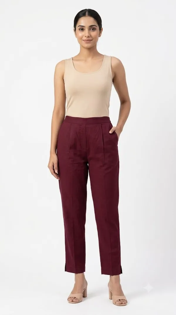 FOLLOWMI_Women's_Solid_Maroon_Straight_Fit_Cotton_Pants_with_Elastic_Waist_&_Side_Pockets