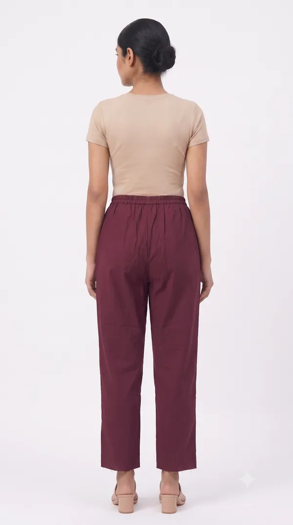 FOLLOWMI_Women's_Solid_Maroon_Straight_Fit_Cotton_Pants_with_Elastic_Waist_&_Side_Pockets