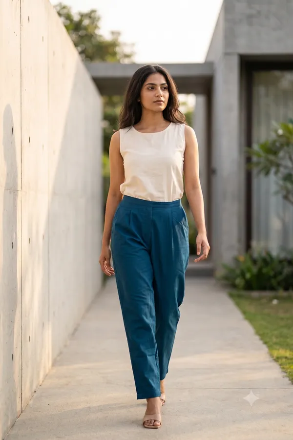 FOLLOWMI_Women's_Solid_Teal_Blue_Straight_Fit_Cotton_Pants_with_Elastic_Waist_&_Side_Pockets