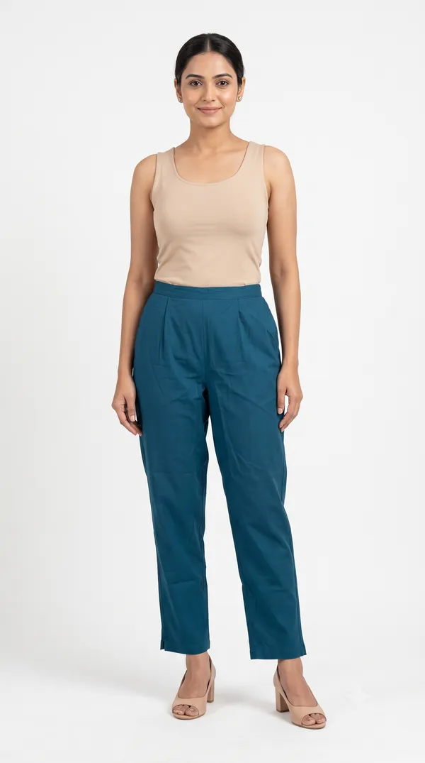FOLLOWMI_Women's_Solid_Teal_Blue_Straight_Fit_Cotton_Pants_with_Elastic_Waist_&_Side_Pockets