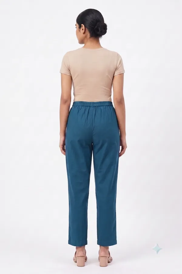 FOLLOWMI_Women's_Solid_Teal_Blue_Straight_Fit_Cotton_Pants_with_Elastic_Waist_&_Side_Pockets