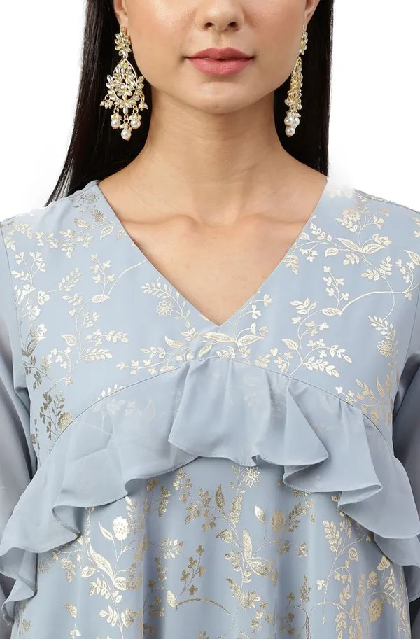 Grey_Georgette_Floral_Foil_Print_Flared_Western_Dress