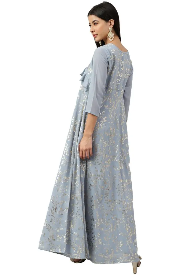 Grey_Georgette_Floral_Foil_Print_Flared_Western_Dress