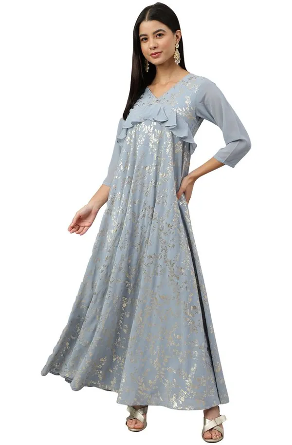 Grey_Georgette_Floral_Foil_Print_Flared_Western_Dress