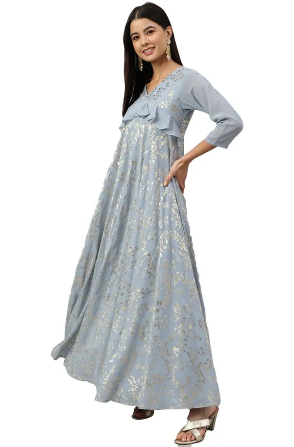 Grey_Georgette_Floral_Foil_Print_Flared_Western_Dress