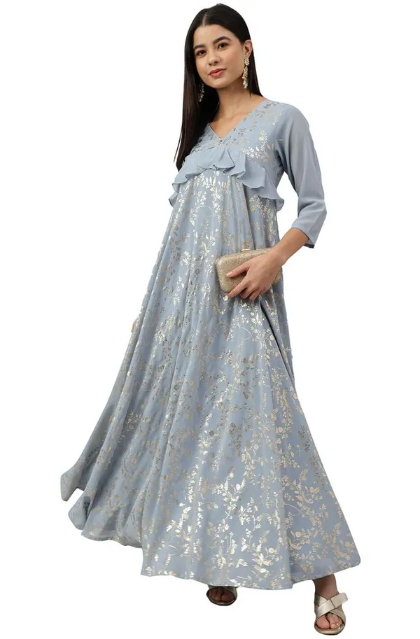Grey_Georgette_Floral_Foil_Print_Flared_Western_Dress