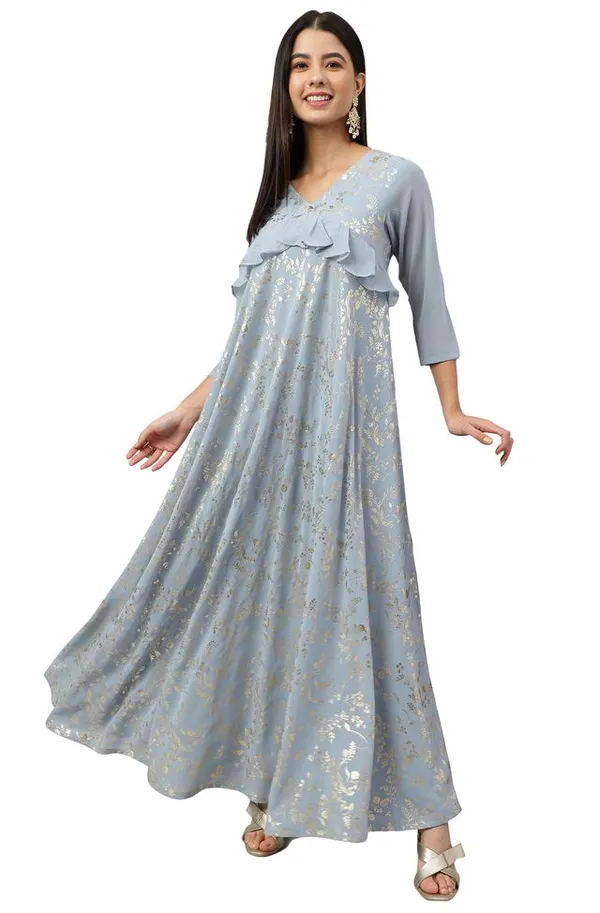 Grey_Georgette_Floral_Foil_Print_Flared_Western_Dress