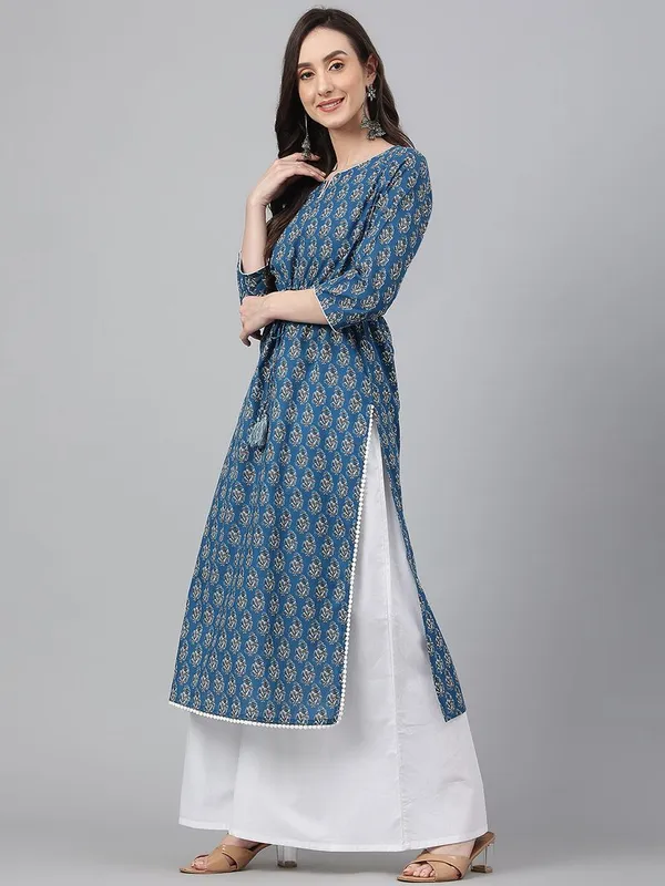 Janasya_Womens_Teal_Cotton_Floral_Block_Print_Straight_Kurta
