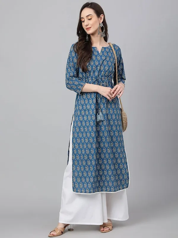 Janasya_Womens_Teal_Cotton_Floral_Block_Print_Straight_Kurta